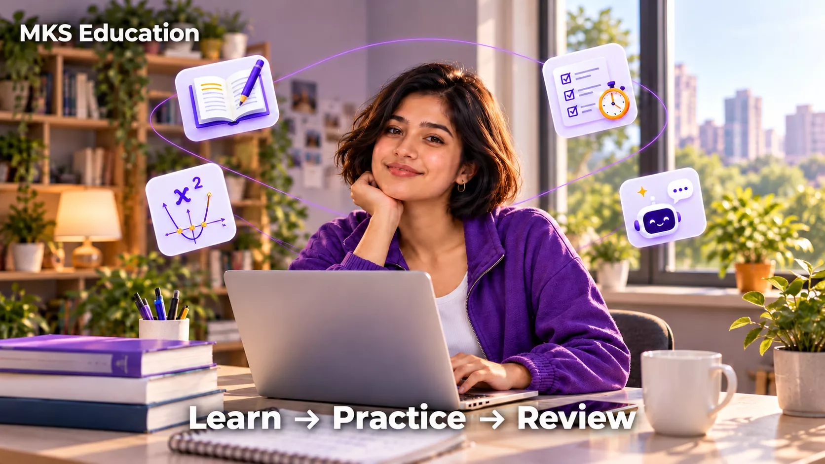 MKS Education student at a laptop with SAT study icons. Learn, Practice, Review.